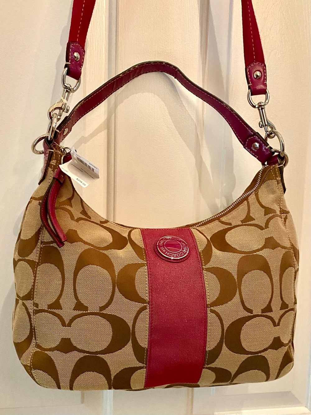 Coach Signature Stripe Convertible Hobo Bag NWT Khaki Cranberry F19281